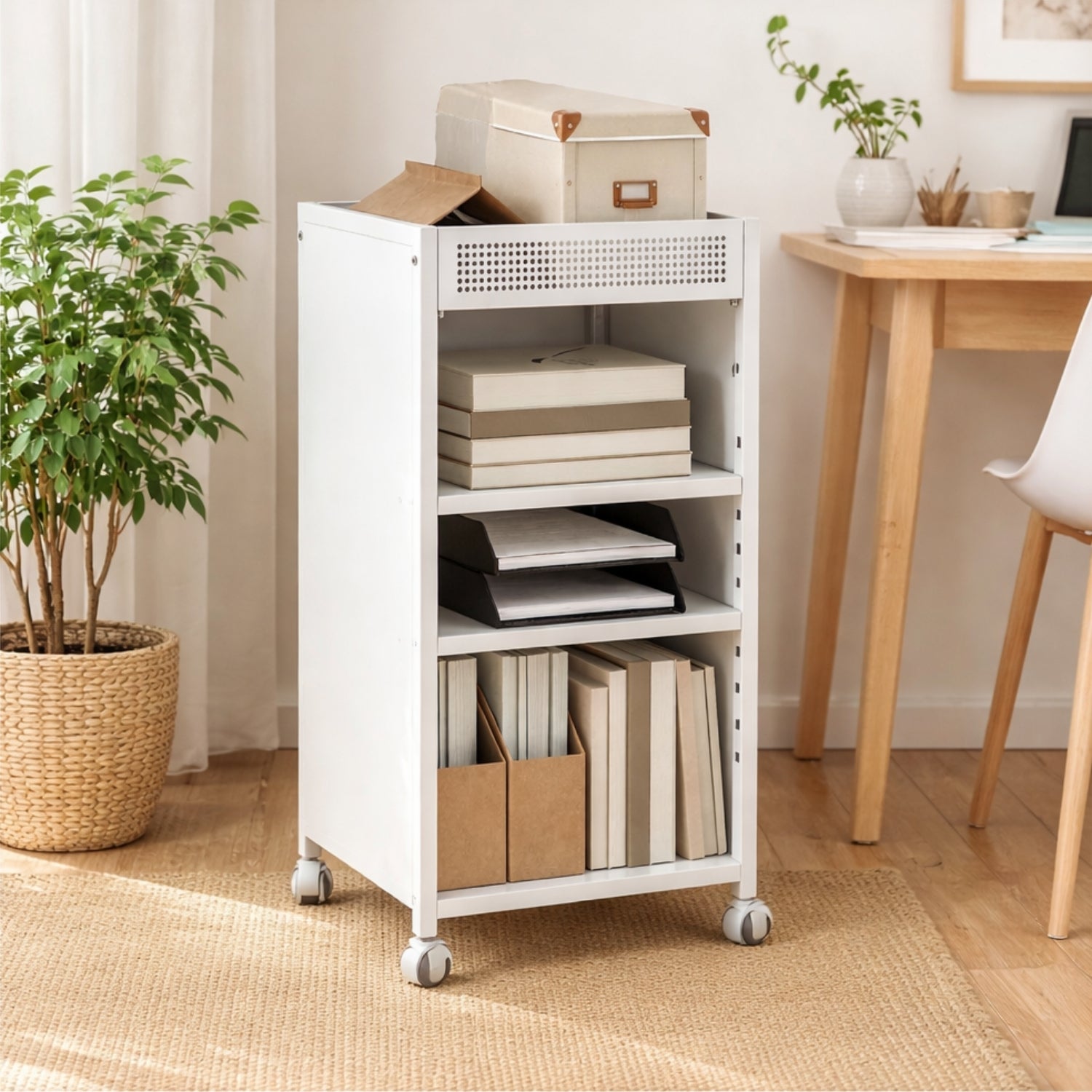 Boekenkast op Wielen met Verstelbare Planken en Bovenkorf 35x34x69,5 cm in Wit