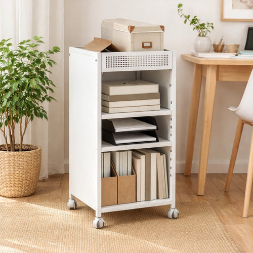 Boekenkast op Wielen met Verstelbare Planken en Bovenkorf 35x34x69,5 cm in Wit