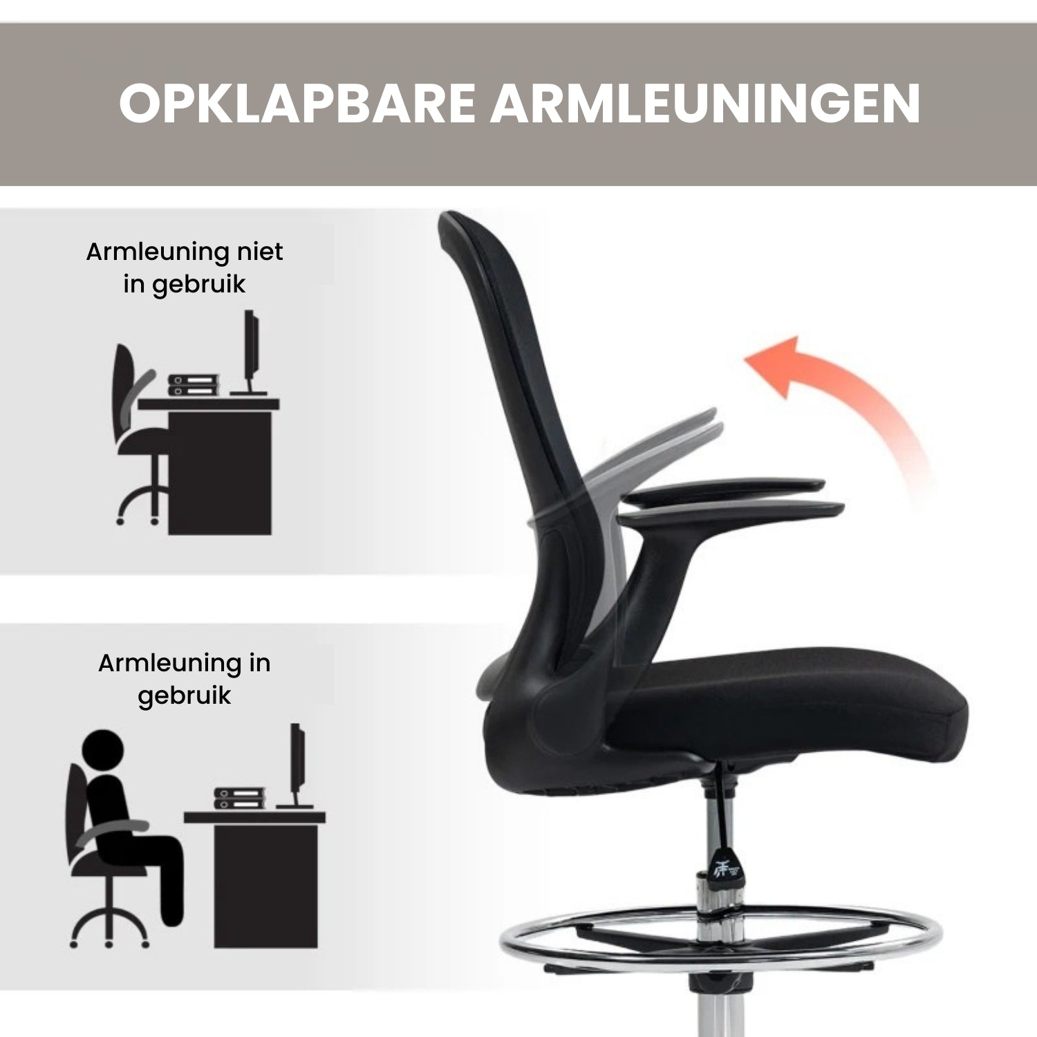 Bureaustoel Hoogteverstelbaar met Voetring en Lendensteun in Zwart