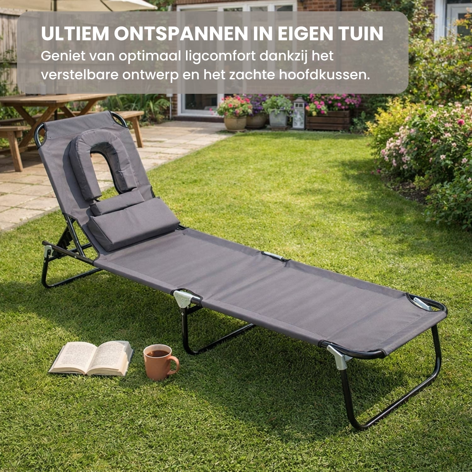 Ligbed Inklapbaar 190x56 cm met Gezichtsuitsparing en 4-Standen Rugleuning in Grijs