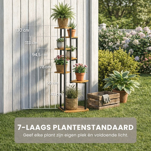 7-Laags Plantenstandaard 130 cm van Hout en Staal in Bruin en Zwart