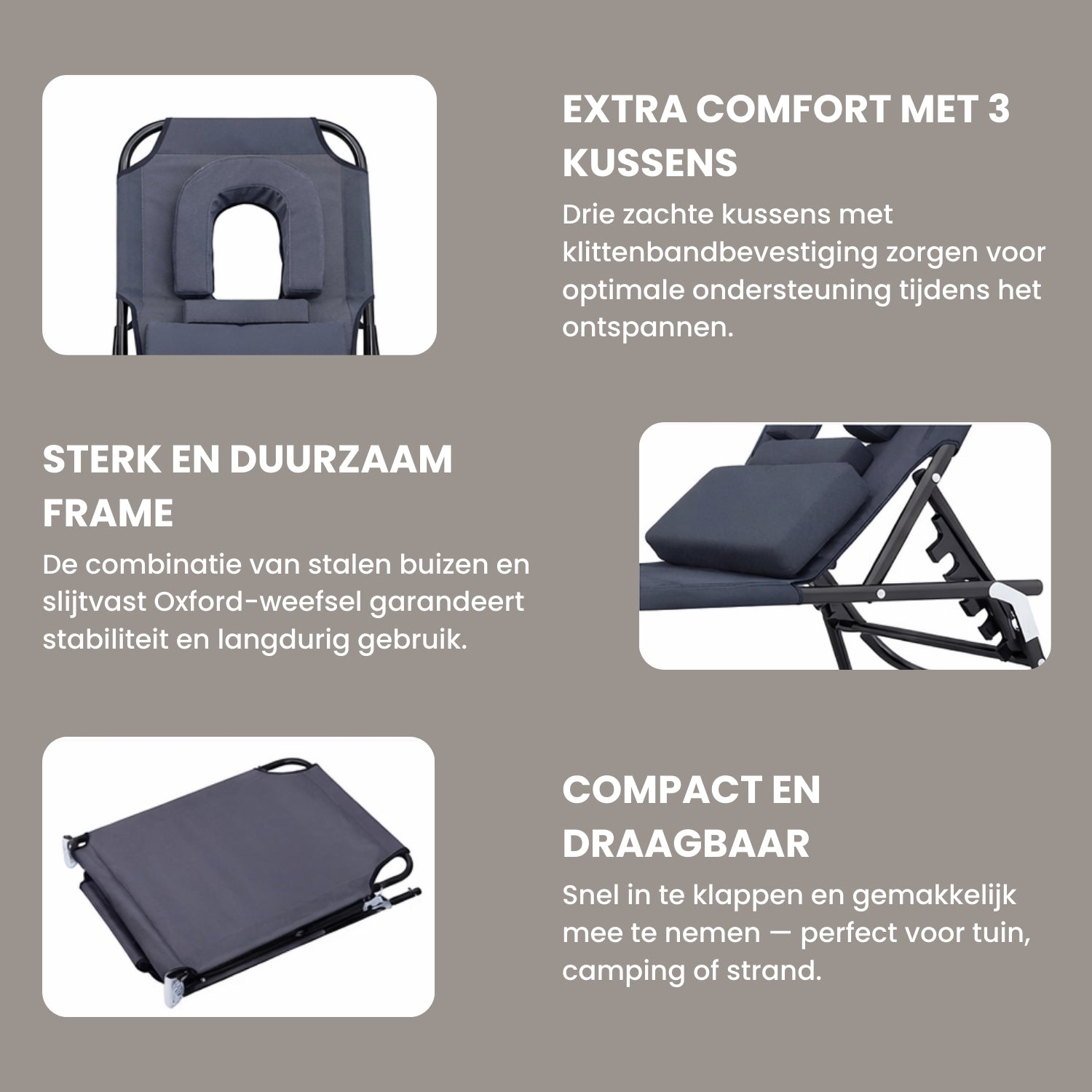 Ligbed Inklapbaar 190x56 cm met Gezichtsuitsparing en 4-Standen Rugleuning in Grijs
