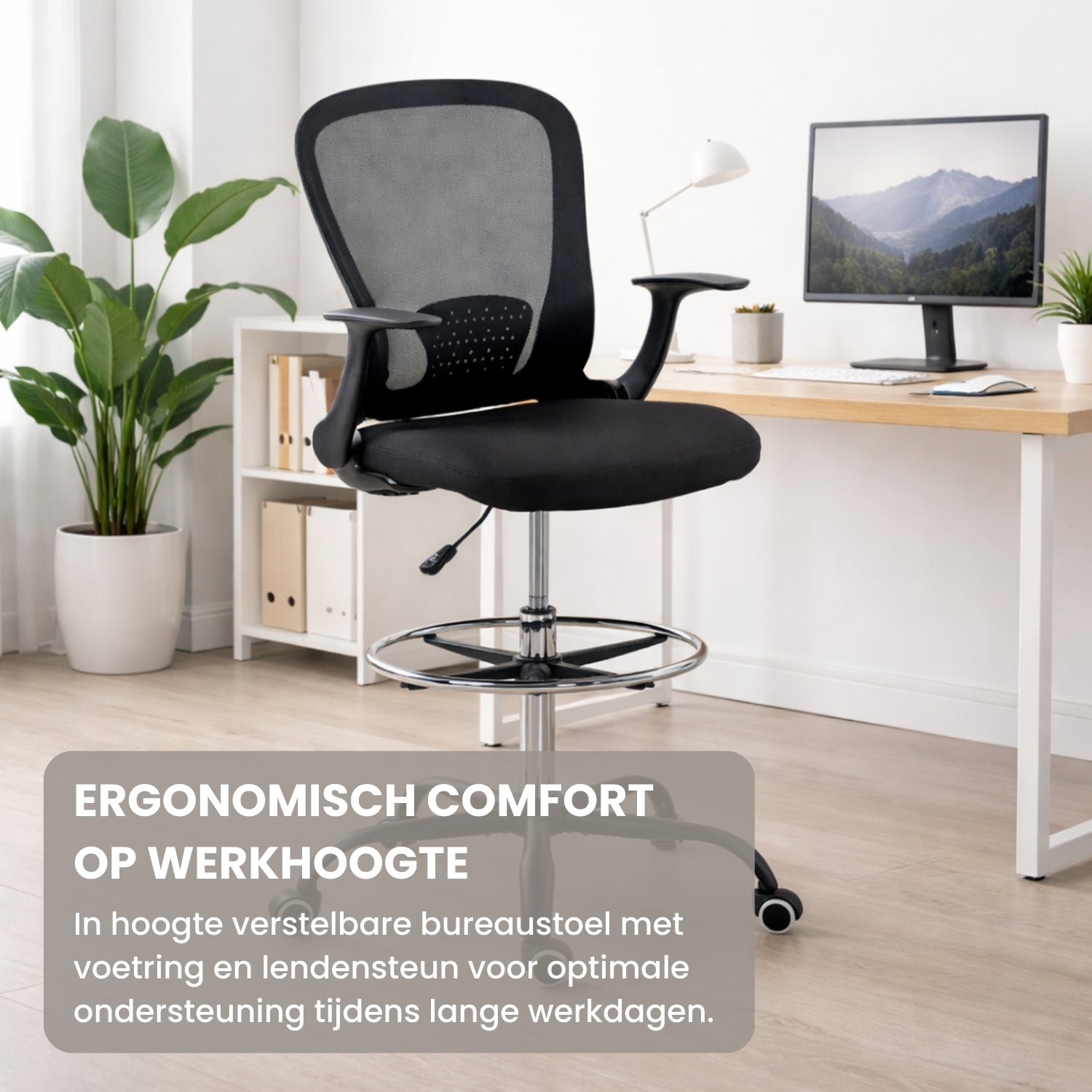 Bureaustoel Hoogteverstelbaar met Voetring en Lendensteun in Zwart