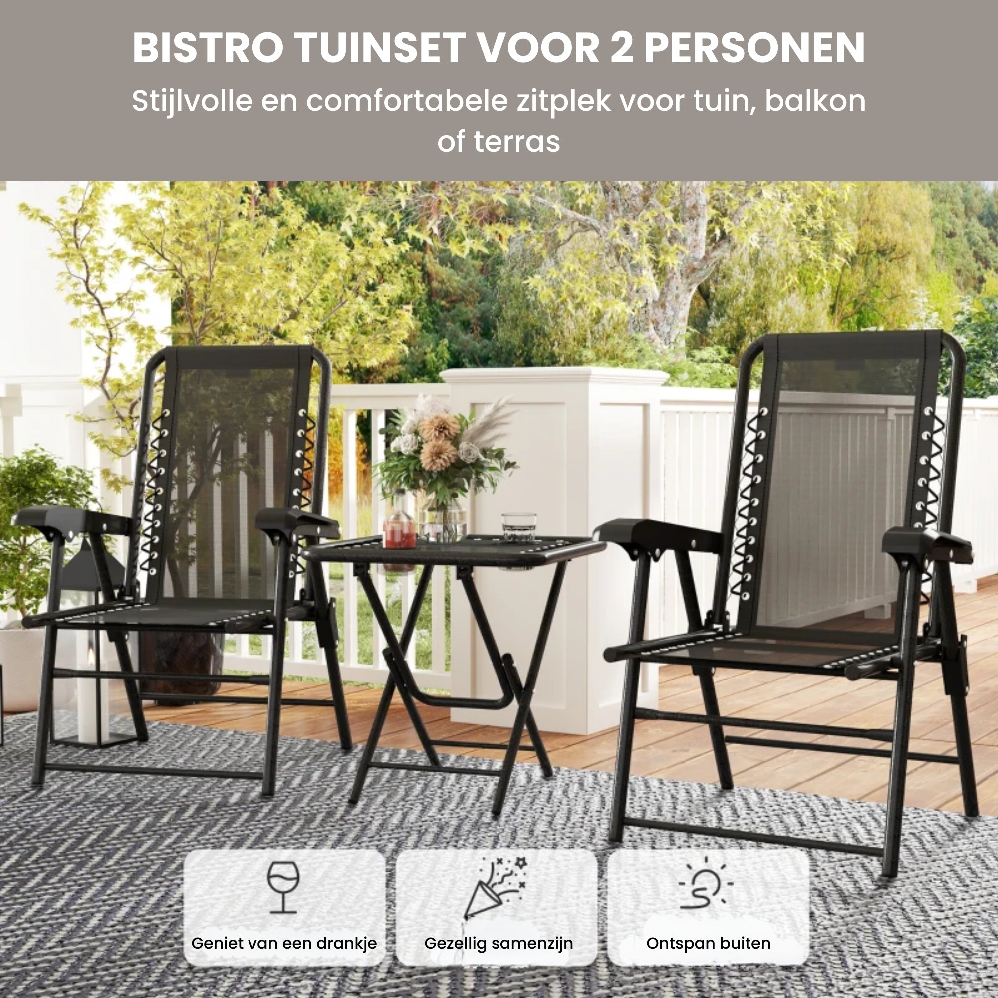 Bistroset Tuin 3-delig – Opklapbare Balkonset met 2 Stoelen en Tafel met Bekerhouders