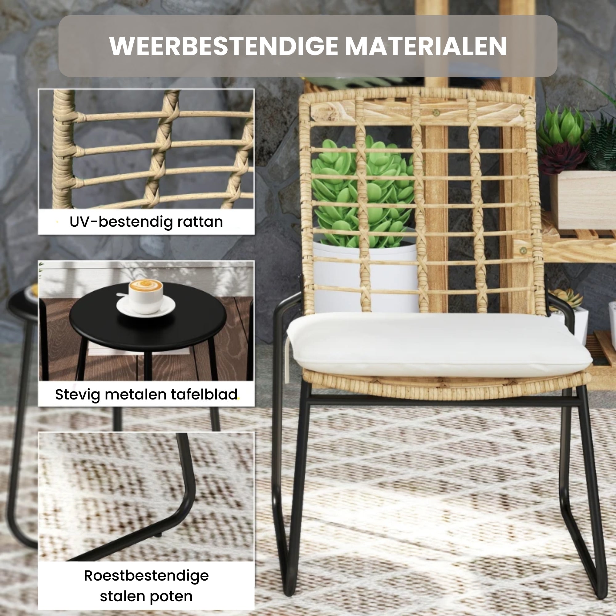 Bistroset Tuin 3-delig – Rattan Balkonset met 2 Stoelen en Tafel
