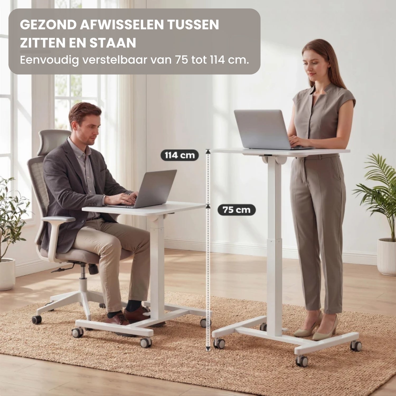 Zit Sta Bureau Verrijdbaar 60x52 cm – In Hoogte Verstelbaar Bureau met Kantelbaar Werkblad