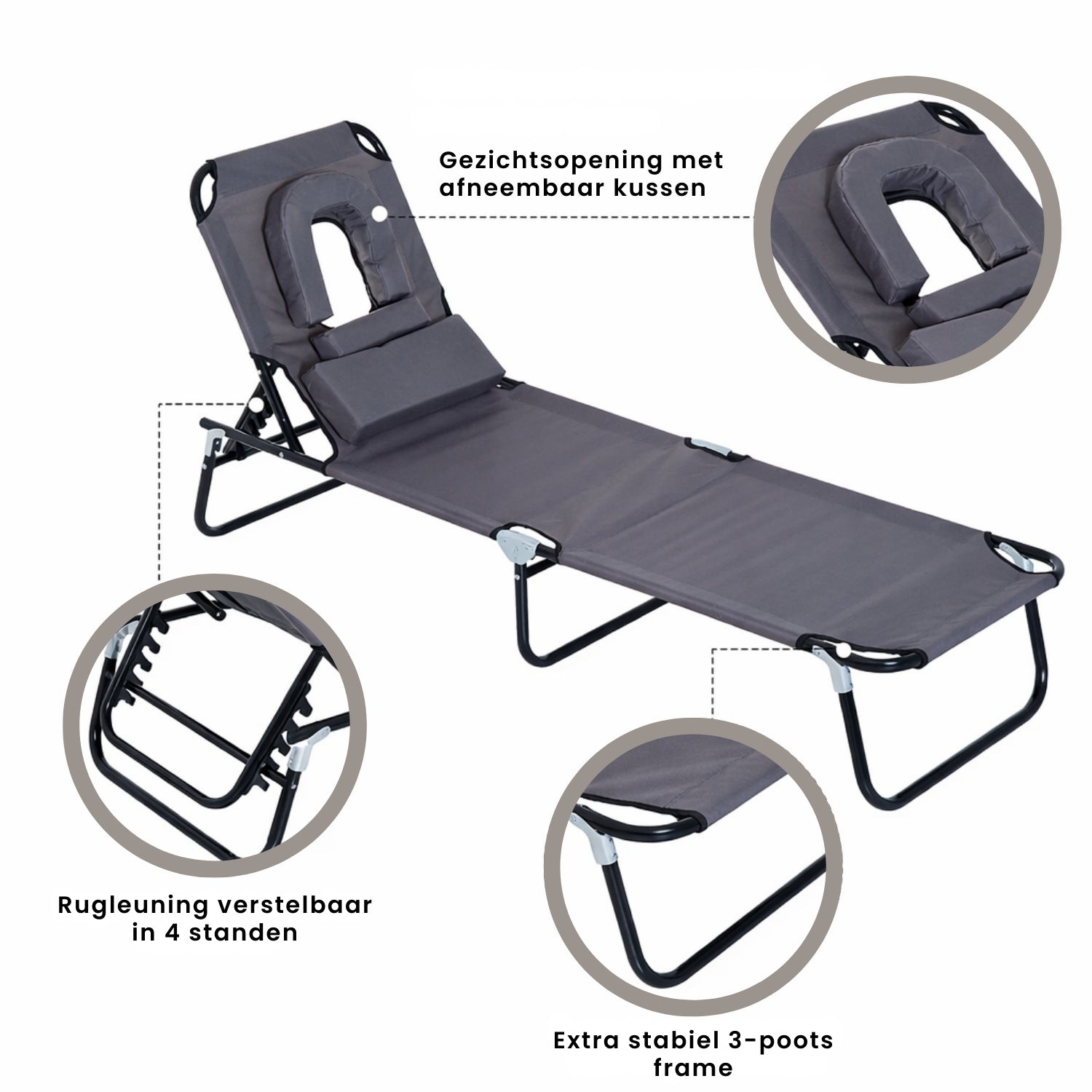 Ligbed Inklapbaar 190x56 cm met Gezichtsuitsparing en 4-Standen Rugleuning in Grijs