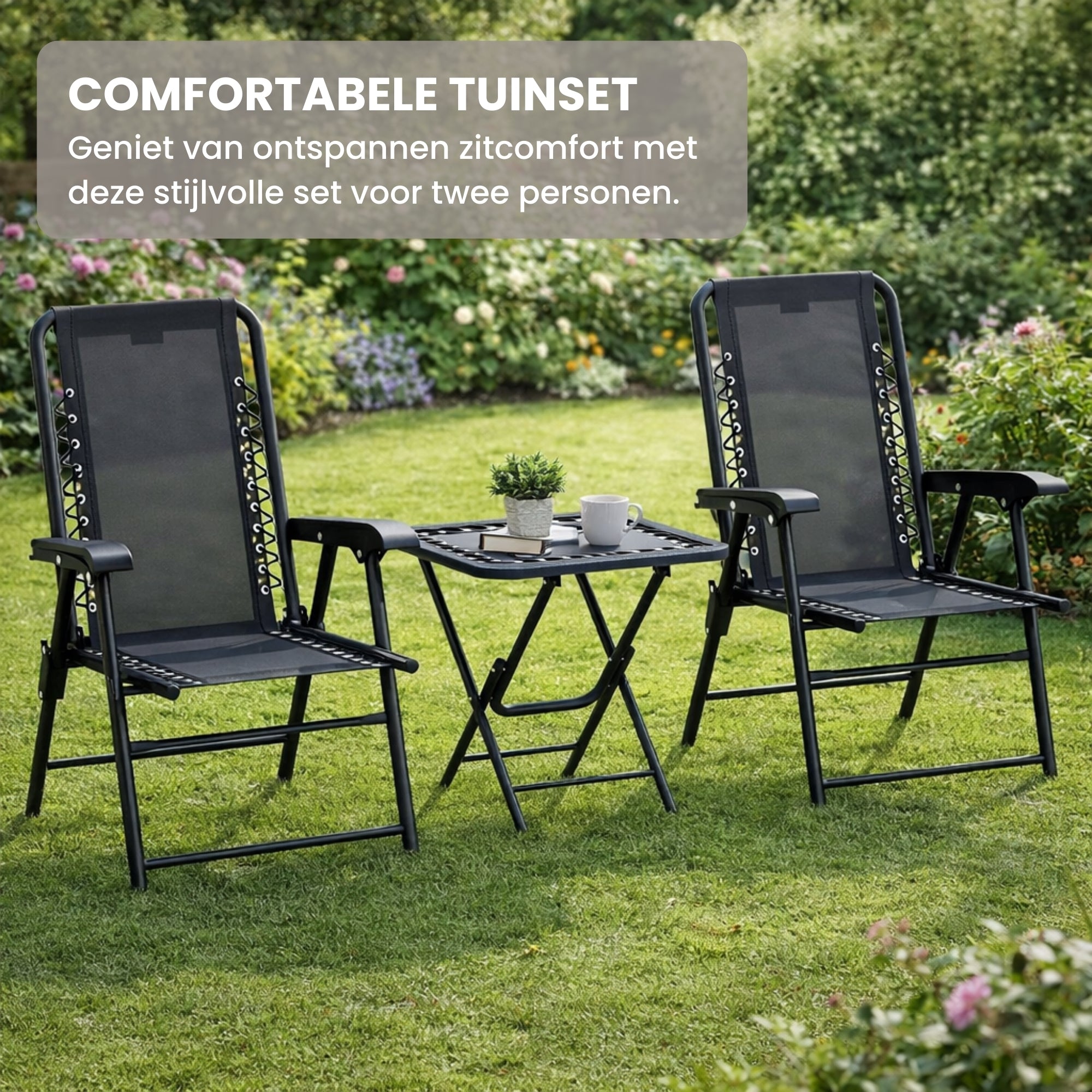 Bistroset Tuin 3-delig – Opklapbare Balkonset met 2 Stoelen en Tafel met Bekerhouders