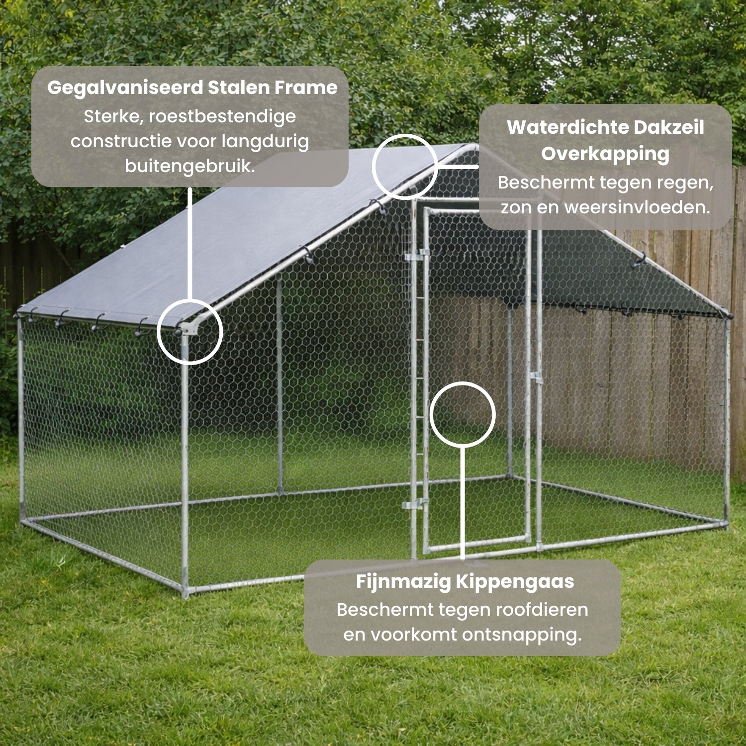 Kippenren 300x170x190 cm met Dakzeil en Stalen Frame