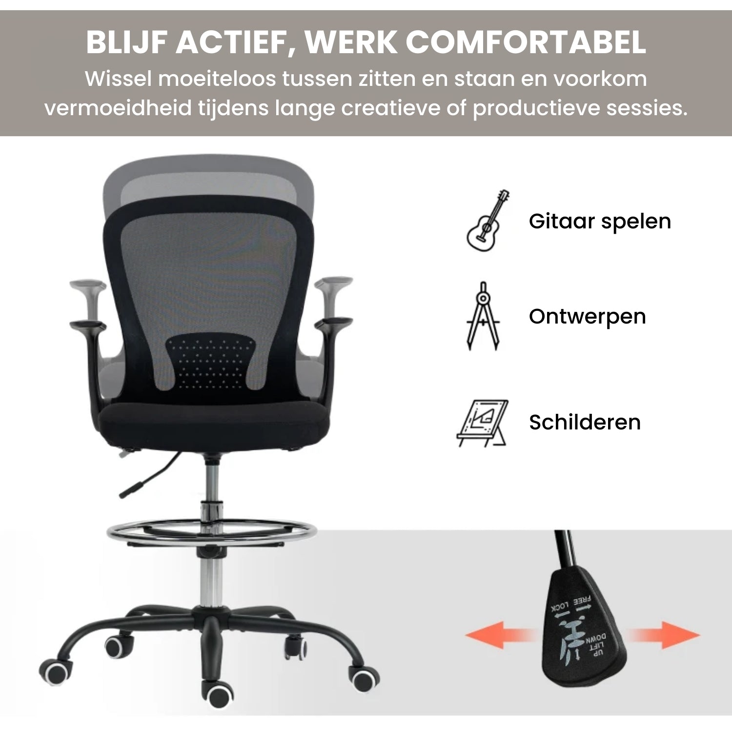 Bureaustoel Hoogteverstelbaar met Voetring en Lendensteun in Zwart