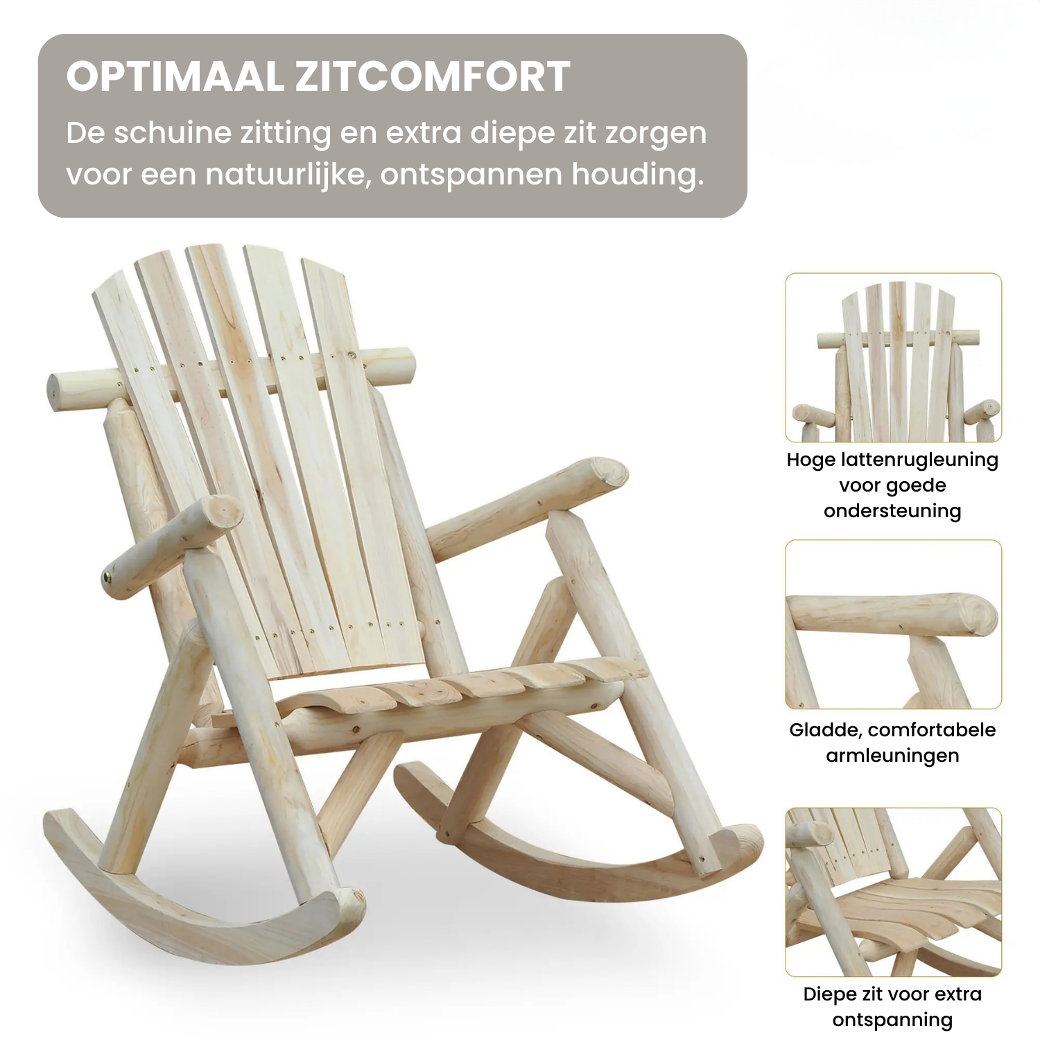 Schommelstoel van Hout met Hoge Rugleuning 96x66x98 cm in Naturel