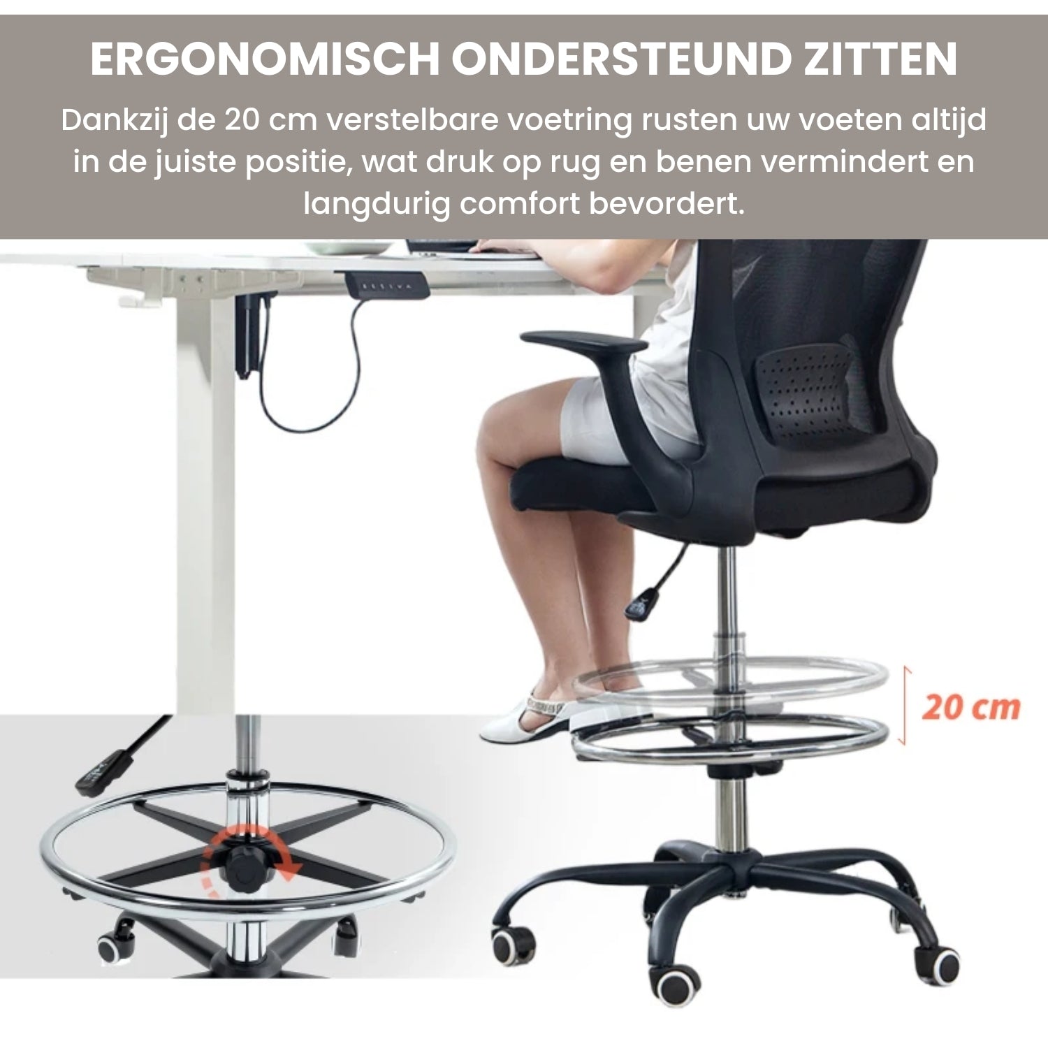 Bureaustoel Hoogteverstelbaar met Voetring en Lendensteun in Zwart