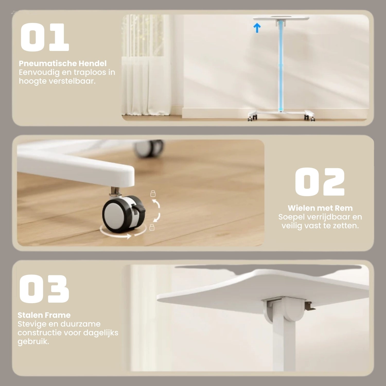 Zit Sta Bureau Verrijdbaar 60x52 cm – In Hoogte Verstelbaar Bureau met Kantelbaar Werkblad