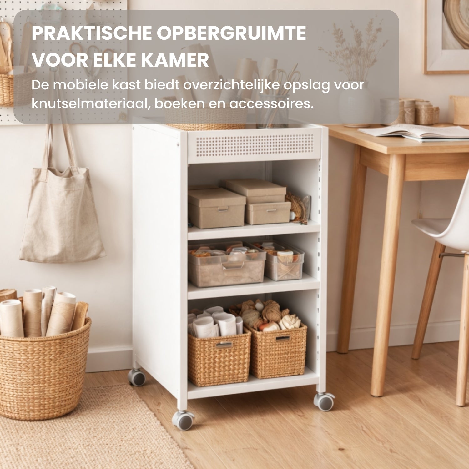 Boekenkast op Wielen met Verstelbare Planken en Bovenkorf 35x34x69,5 cm in Wit