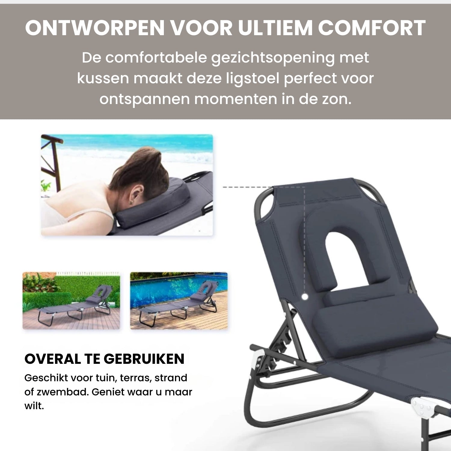 Ligbed Inklapbaar 190x56 cm met Gezichtsuitsparing en 4-Standen Rugleuning in Grijs