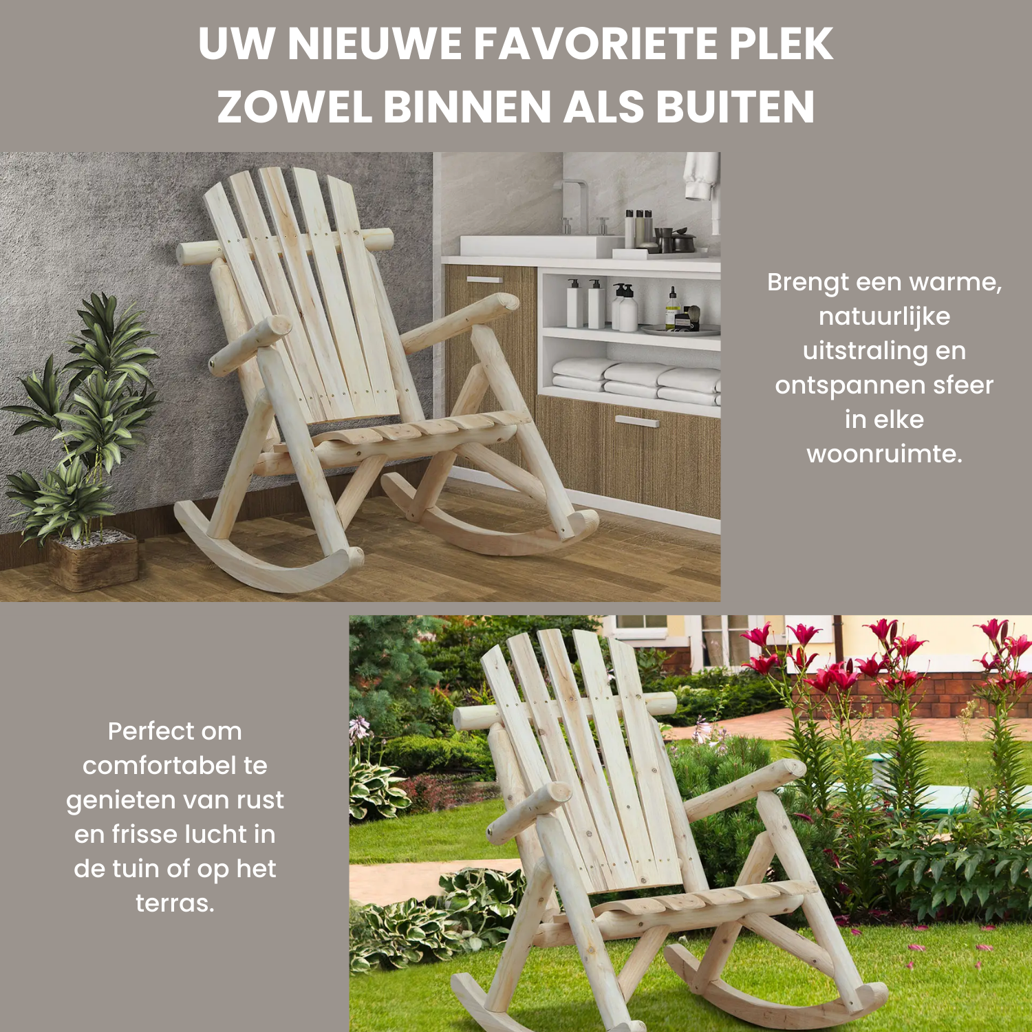 Schommelstoel van Hout met Hoge Rugleuning 96x66x98 cm in Naturel