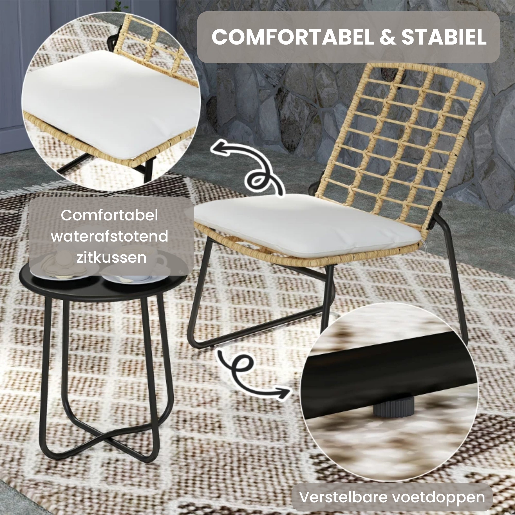 Bistroset Tuin 3-delig – Rattan Balkonset met 2 Stoelen en Tafel