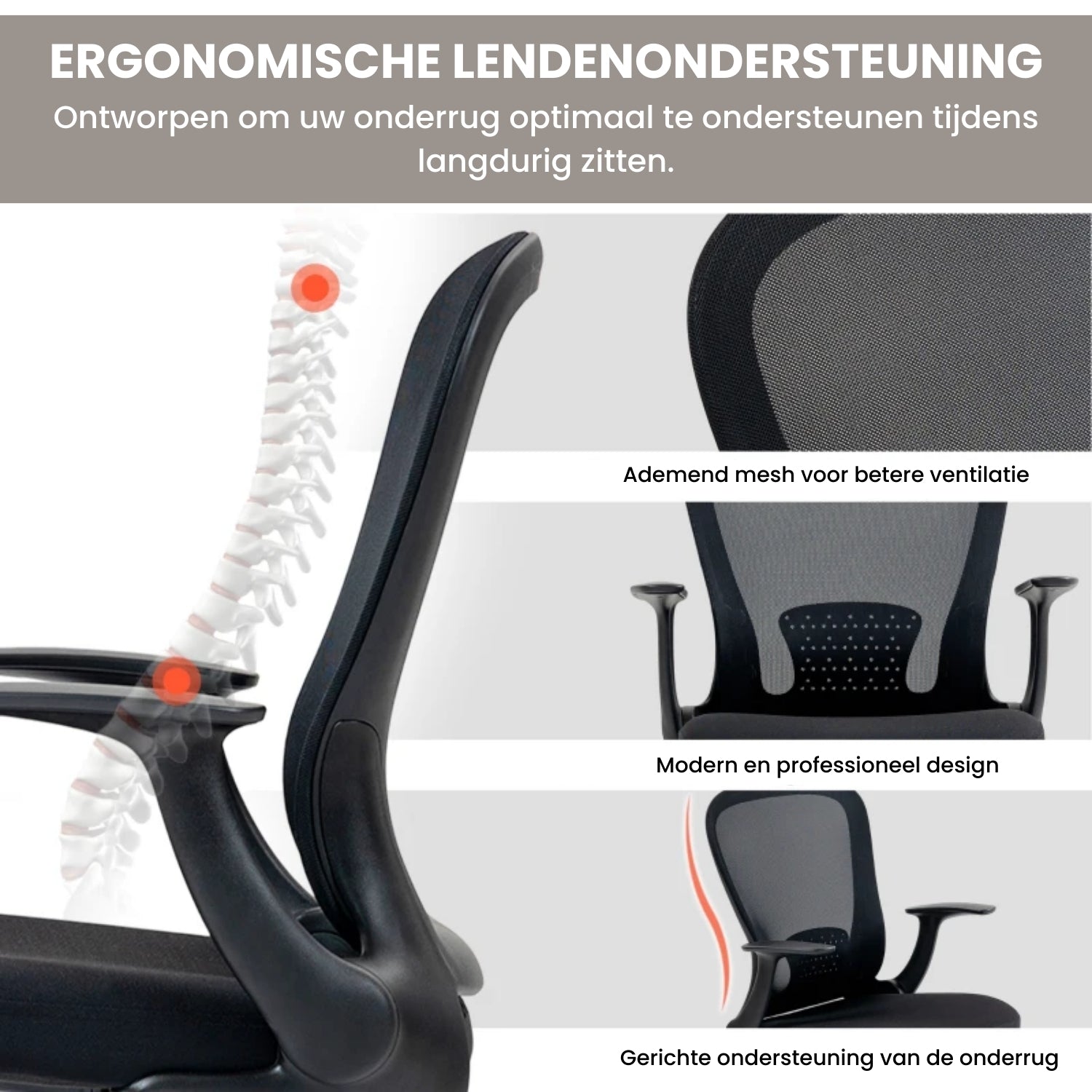 Bureaustoel Hoogteverstelbaar met Voetring en Lendensteun in Zwart