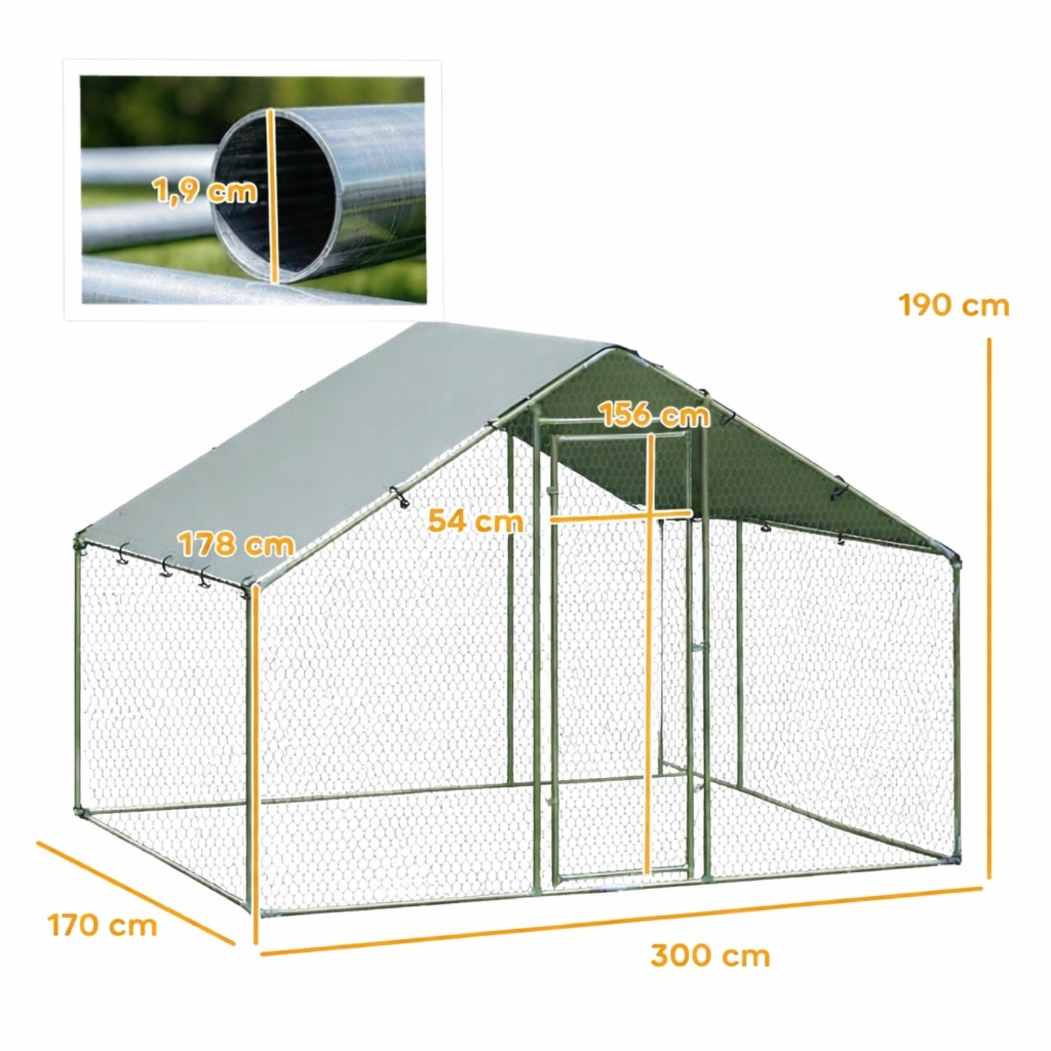 Kippenren 300x170x190 cm met Dakzeil en Stalen Frame